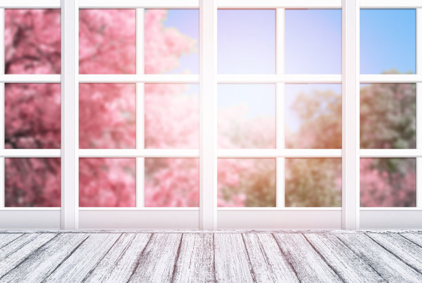 水平画幅,樱花,透过窗户往外看