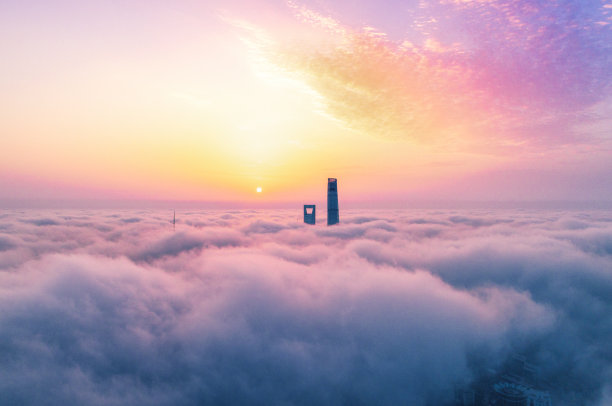 日出,高楼,雾