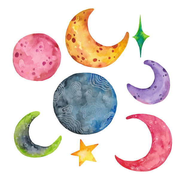 星星,月亮,行星,水彩画,绘画插图,天空,星系,宇航员,夜晚,太空
