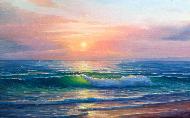 风景油画海边晨光