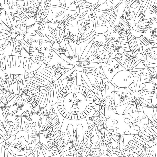 四方连续纹样,动物,热带雨林,美,绘画插图,鸟类,猴子,性格,夏天,卡通