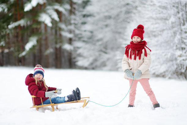 雪地里玩耍的两个孩童