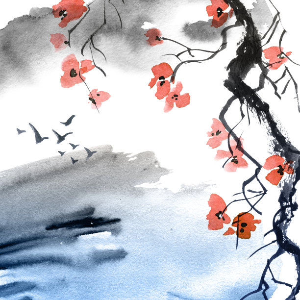 中国彩绘山水水墨画