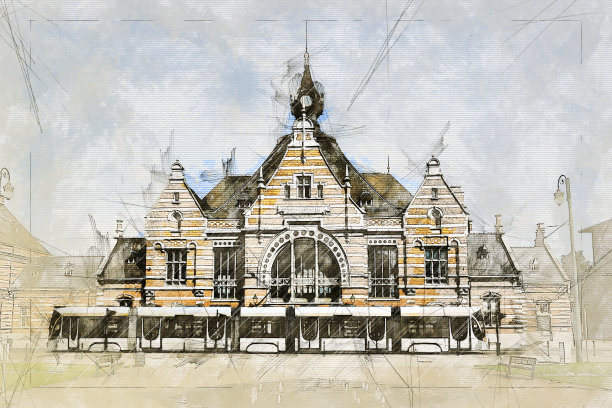插画比利时水彩建筑