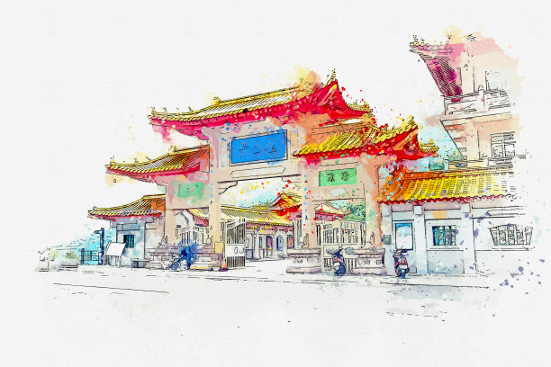 中国风水彩建筑插画