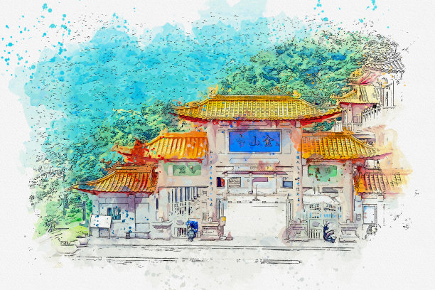中国风水彩建筑插画
