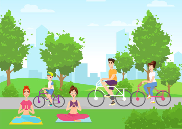 在公园里骑自行车的家人