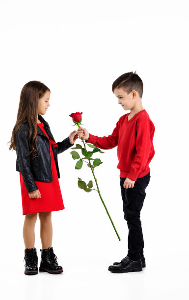 小男孩送小女孩玫瑰花
