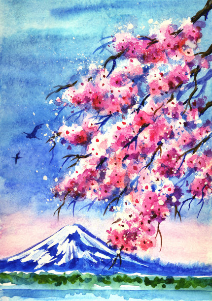 富士山樱花插画