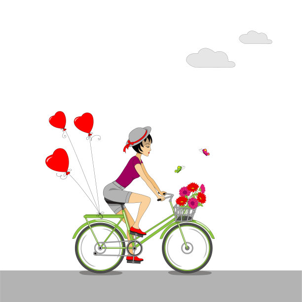 插画自行车与花