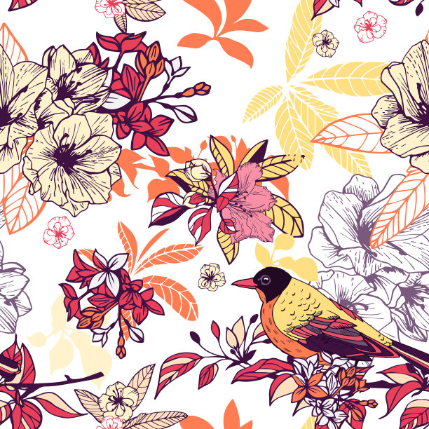 彩色花卉和鸟无缝背景矢量素材