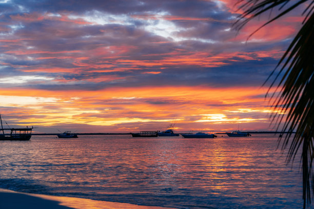 夕阳下的海上轮船