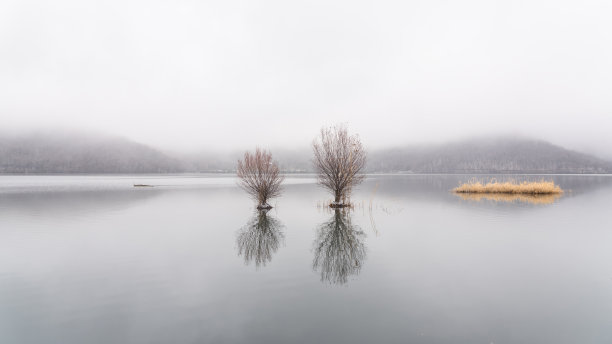 早冬湖边霜冻的美景