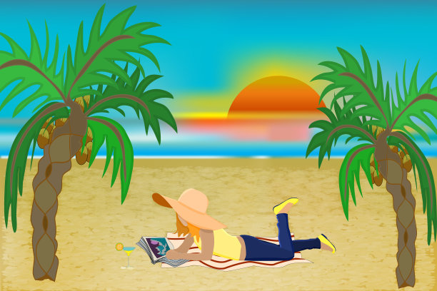 海边沙滩晒太阳插画