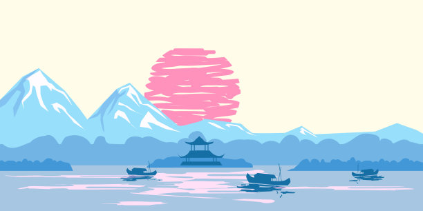 中式山湖插画
