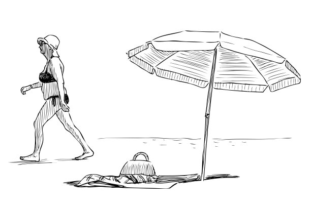 海边沙滩晒太阳插画