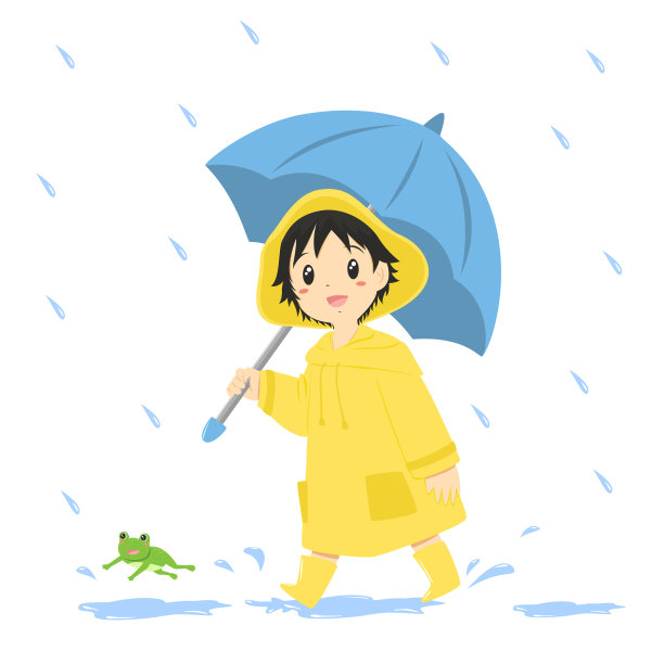卡通雨中男生插画