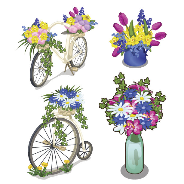 自行车 插画 花 鲜花 矢量图