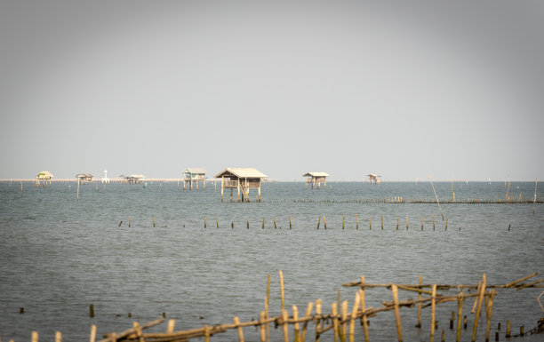 夕阳下海边捕鱼