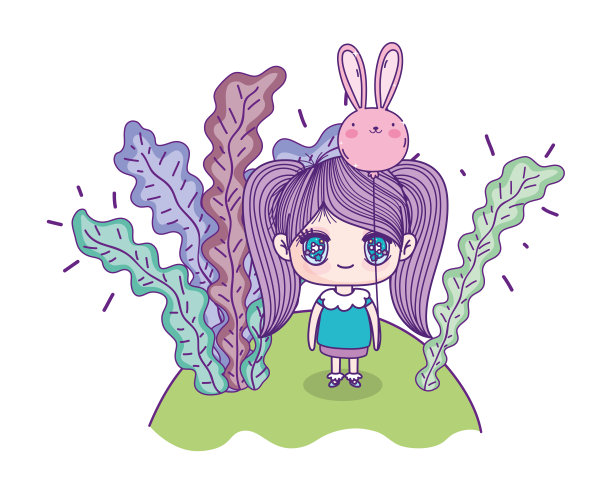 可爱的小女孩与兔子插画