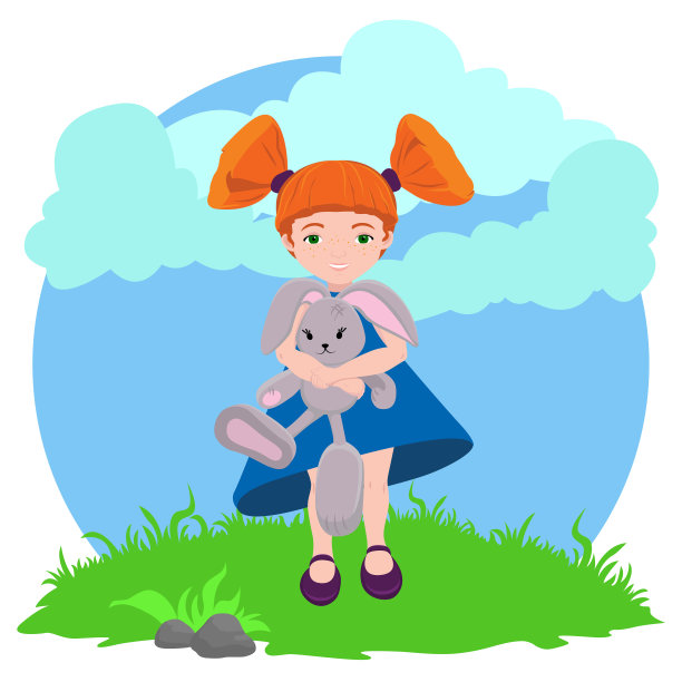 可爱的小女孩与兔子插画