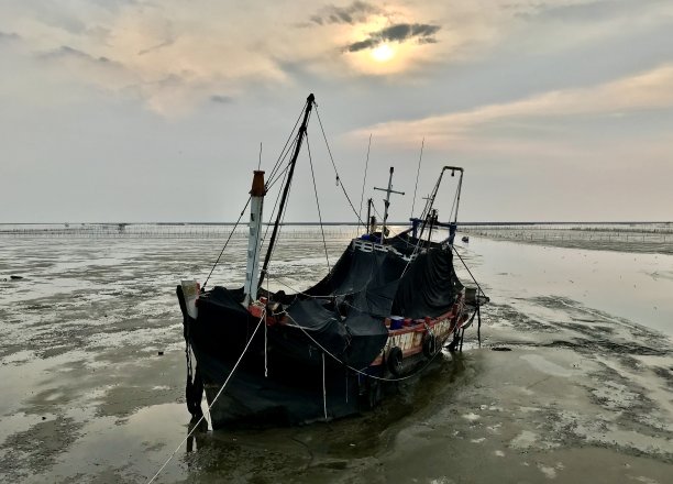 夕阳下海边捕鱼