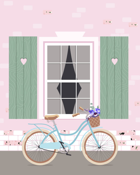 插画自行车与花