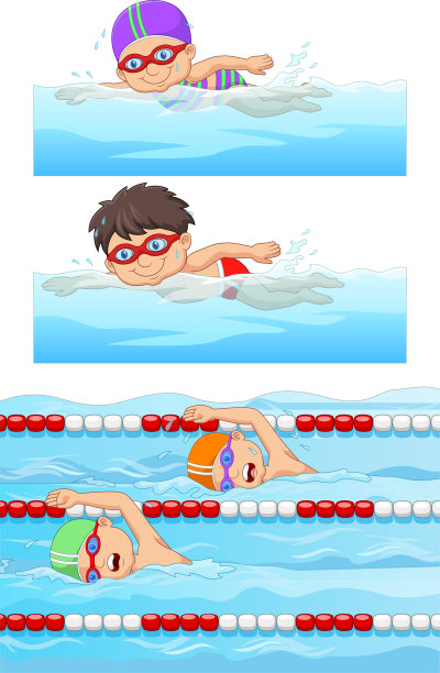 在海边游泳的矢量卡通男孩