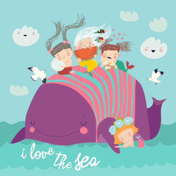 鲸鱼与女孩海洋插画