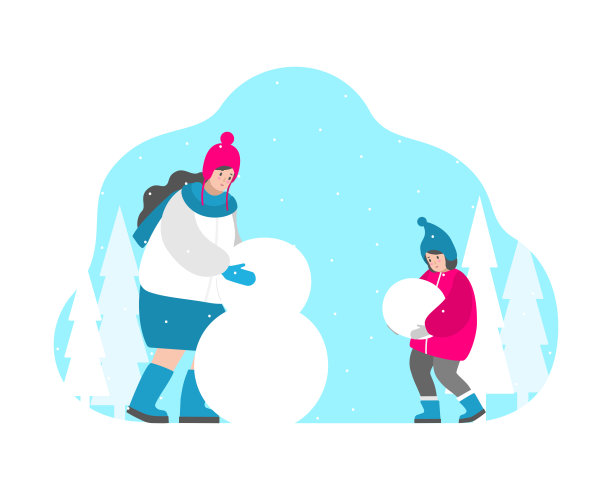 冬季大雪一家人户外堆雪人插画