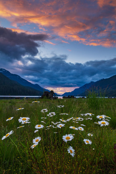 群山夕阳草地天空风景