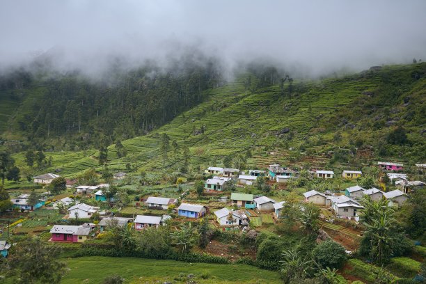斯里兰卡风光,云雾中的山村