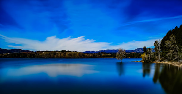 平静的蓝色的湖面