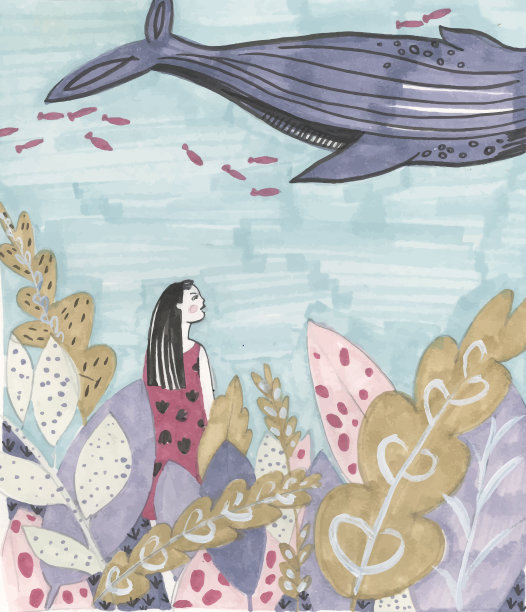 鲸鱼与女孩插画