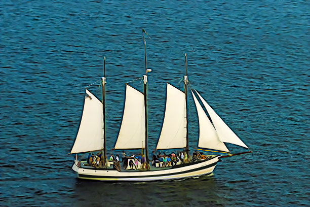 蓝色海洋油画白色帆船装饰画