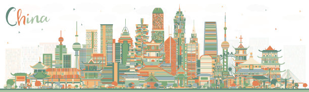 杭州城市天际线矢量地标建筑插画