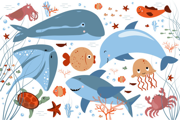 海底世界可爱海豚海龟热带鱼背景