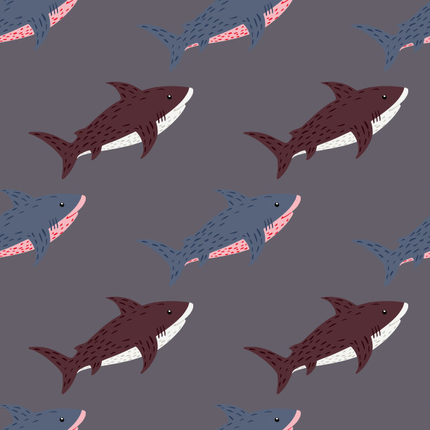 鲨鱼 四方连续 卡通 灰色 布