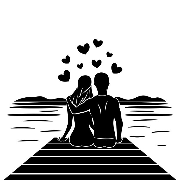 湖边情侣插画卡通背景素材