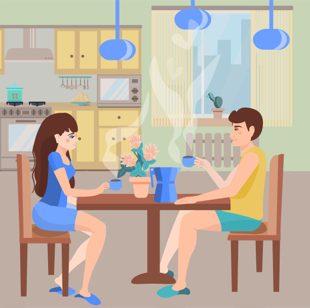 家庭概念与咖啡和厨房桌子