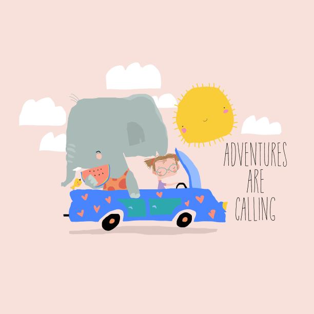 可爱卡通坐小汽车的大象