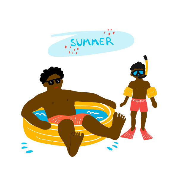 亲子插画夏天游泳池