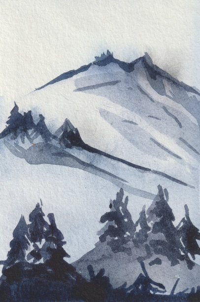 油画远山雪景