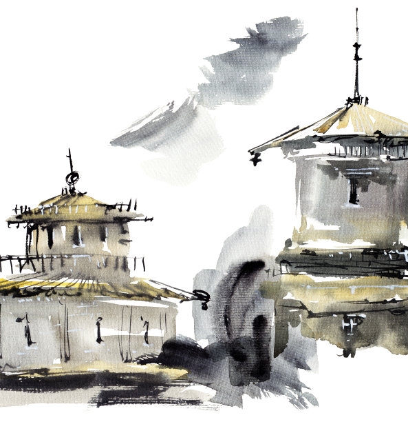 寺院水墨画