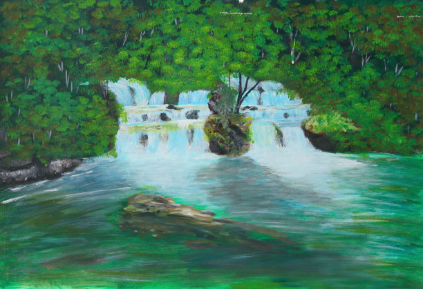 森林小溪河流油画