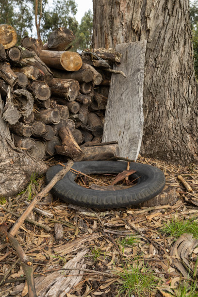 木板上的废旧轮胎