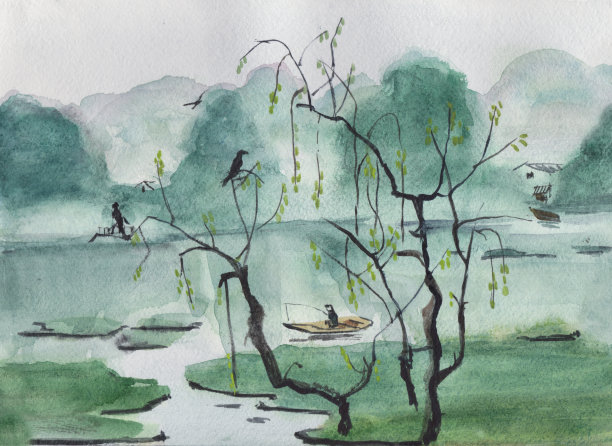 国画山水画树木和鸟
