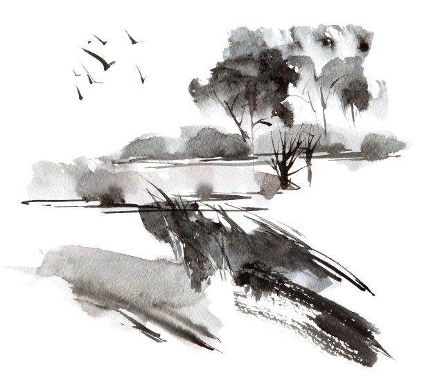 国画山水画树木和鸟