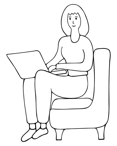 女孩坐在沙发上居家办公插画