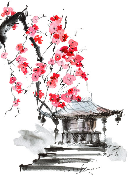 樱花；寺庙与蓝天
